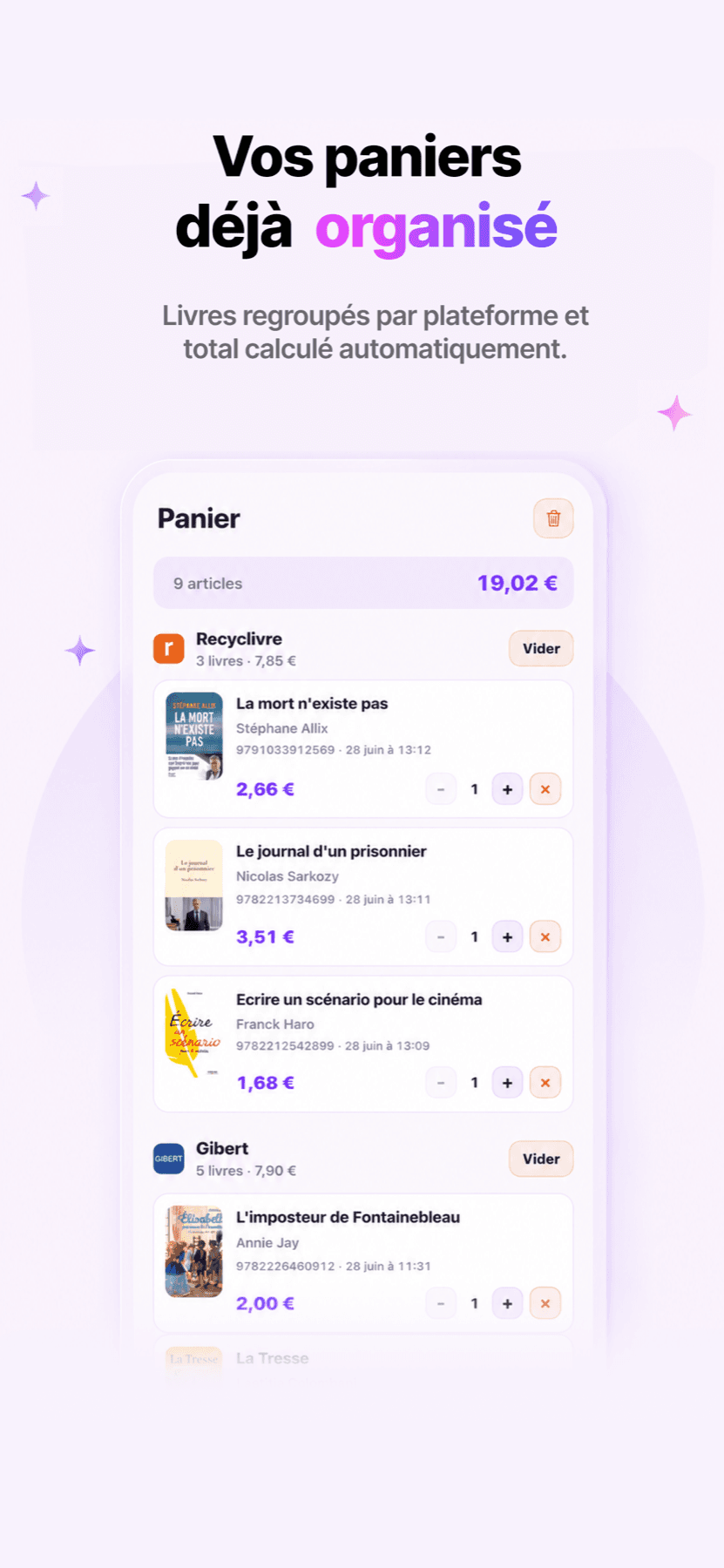 Panier Bookompare organisé par plateforme de reprise