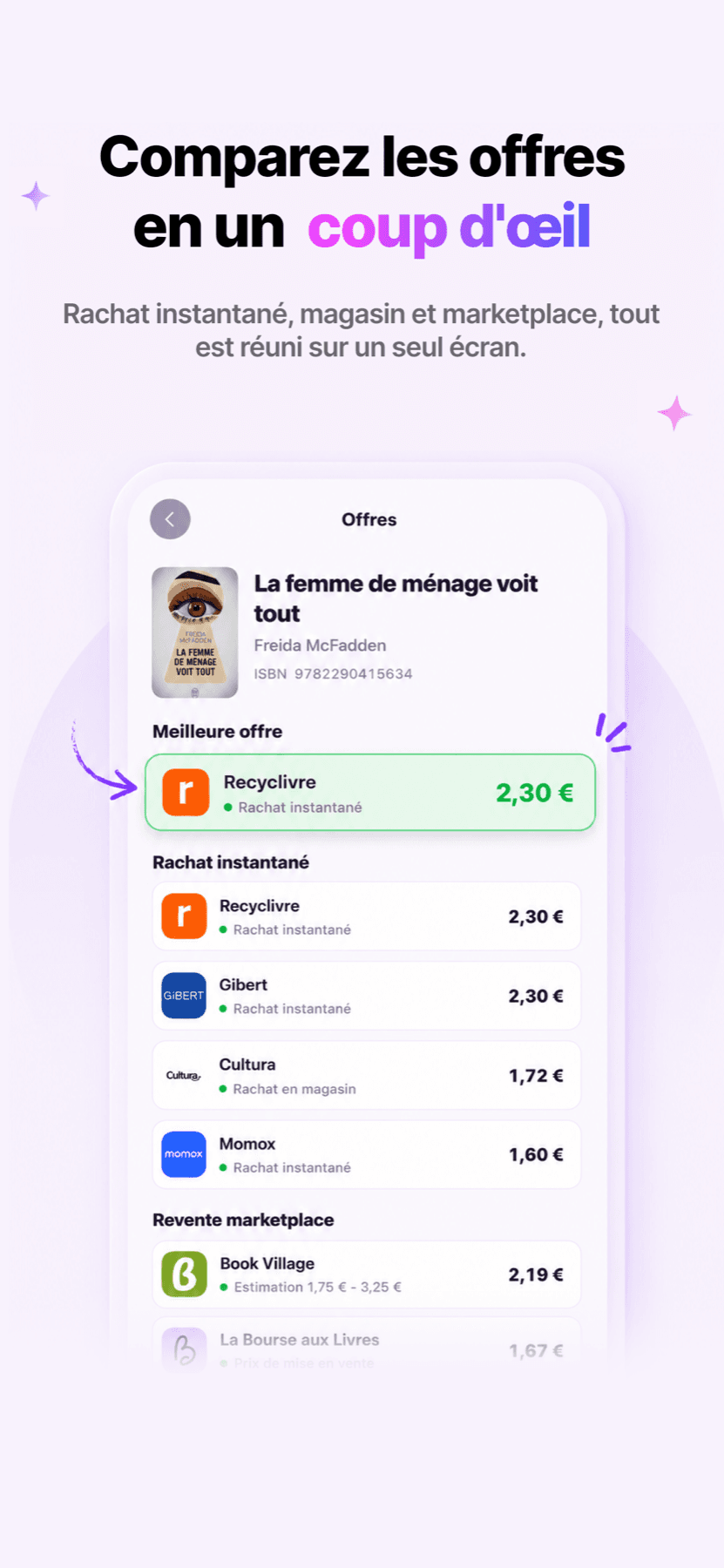 Comparaison des offres de reprise dans l’application Bookompare